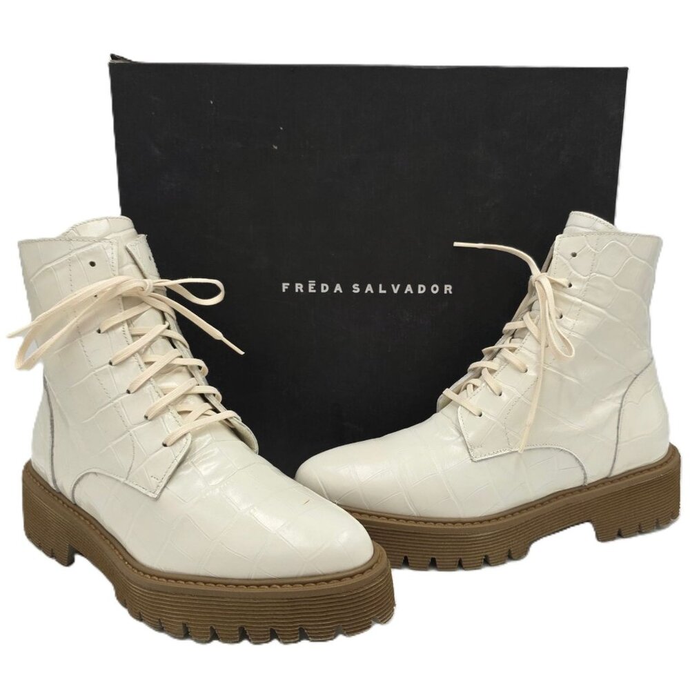 NEW Freda Salvador Emi Combat Boots Womens 5M Creme Leather Croc Embossed Shoes - Picture 1 of 16